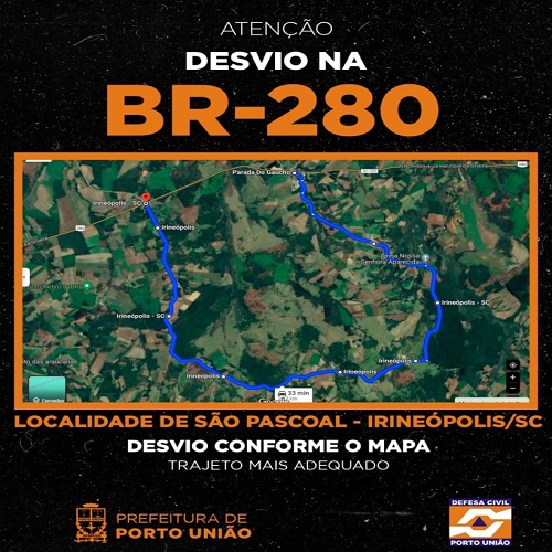 BR 280 em Irineópolis será totalmente interditada a partir das 18 horas de  hoje, 18. – Planalto95fm